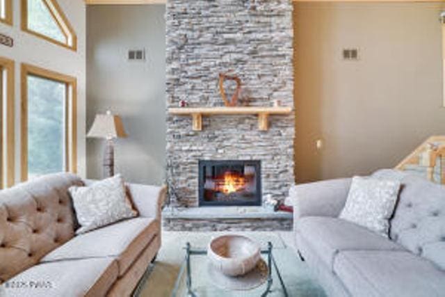 7 Shore Line Dr, Lakeville, PA 18438 - living area featuring a fireplace