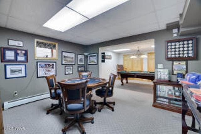 7 Shore Line Dr, Lakeville, PA 18438 - carpeted home office featuring a baseboard radiator, a paneled ceiling, and billiards