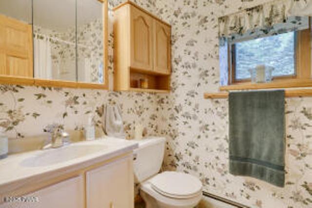 7 Shore Line Dr, Lakeville, PA 18438 - bathroom with wallpapered walls, vanity, and toilet