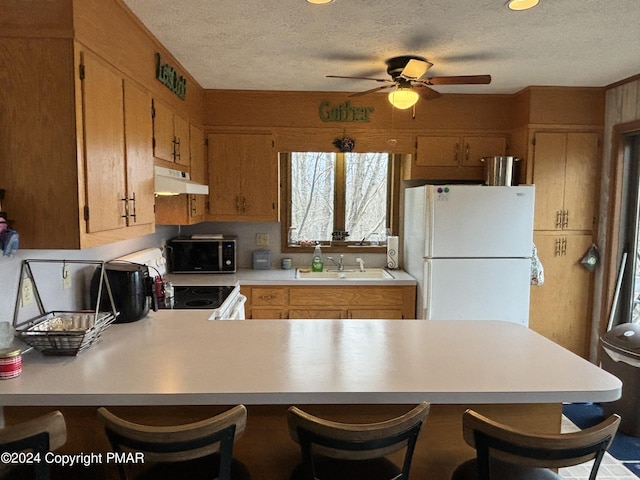 kitchen featuring light countertops, a sink, a peninsula, white appliances, and under cabinet range hood