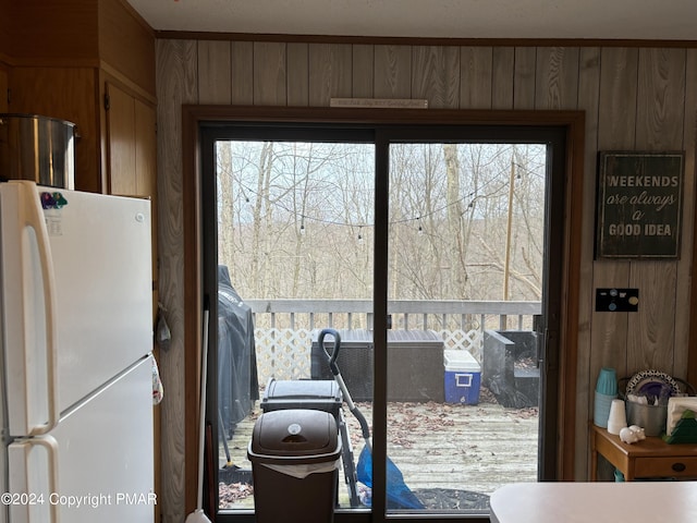 interior space featuring wood walls