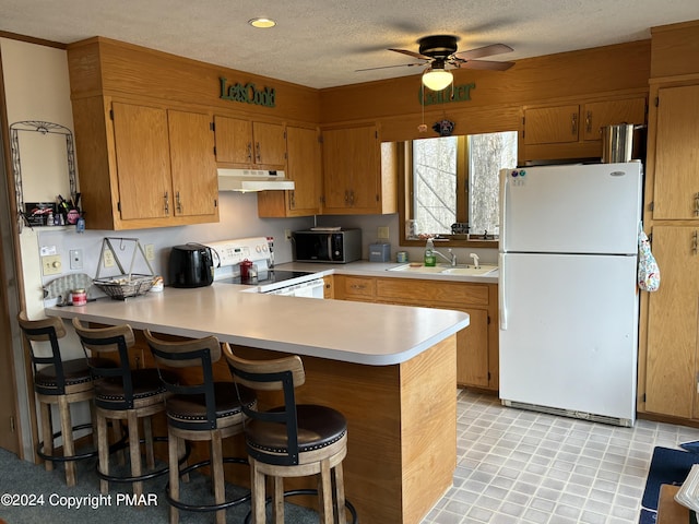 kitchen with white appliances, a peninsula, light countertops, under cabinet range hood, and a sink