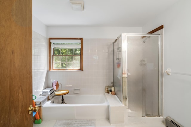 114 Gregory Ct, Stroudsburg, PA 18360 - bathroom with baseboard heating, a shower stall, a bath, and tile patterned flooring