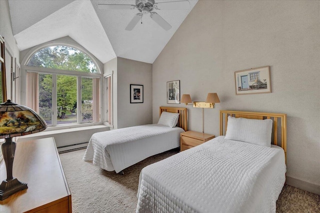 1055 Crestwoods Dr, Pocono Pines, PA 18350 - carpeted bedroom with lofted ceiling, a baseboard radiator, and a ceiling fan