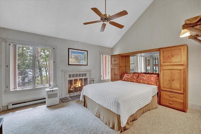 1055 Crestwoods Dr, Pocono Pines, PA 18350 - bedroom with a baseboard radiator, light carpet, high vaulted ceiling, a glass covered fireplace, and ceiling fan