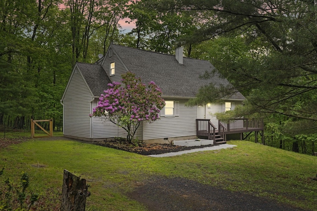 1221 Alder Rd, East Stroudsburg, PA 18302 - view of home's exterior with a yard, roof with shingles, a chimney, and a deck