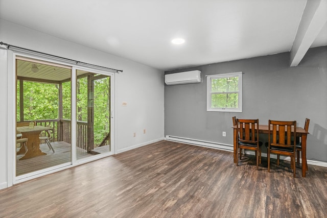 1221 Alder Rd, East Stroudsburg, PA 18302 - dining space featuring an AC wall unit, a baseboard radiator, wood finished floors, and baseboards