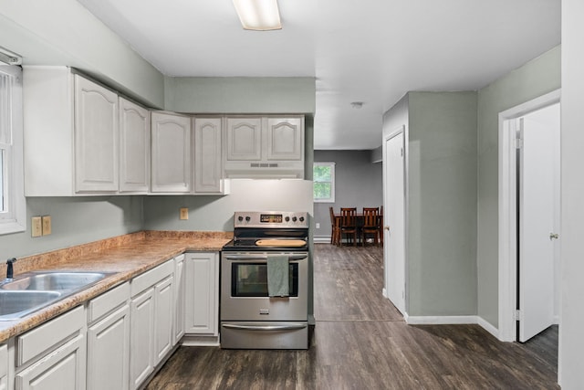 1221 Alder Rd, East Stroudsburg, PA 18302 - kitchen featuring electric stove, under cabinet range hood, dark wood-type flooring, and white cabinets