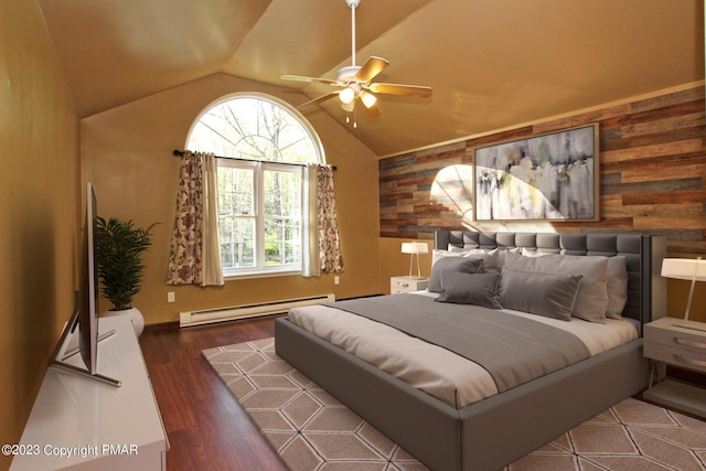 158 Davis Cir, Bushkill, PA 18324 - bedroom featuring a baseboard heating unit, vaulted ceiling, wood finished floors, and wooden walls