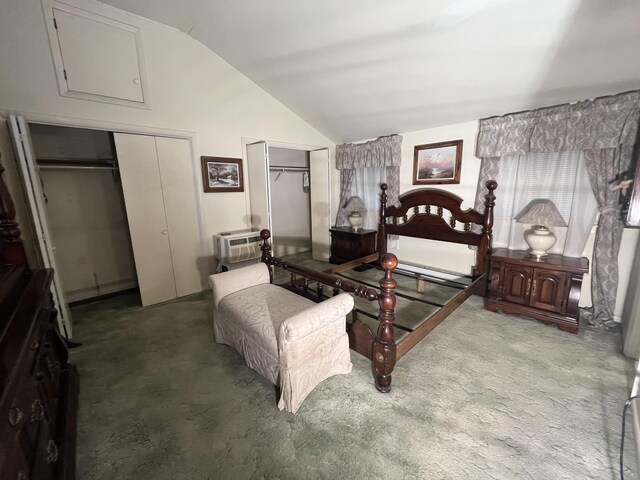 122 Savage Trl, East Stroudsburg, PA 18301 - bedroom featuring lofted ceiling, carpet flooring, two closets, and a wall unit AC