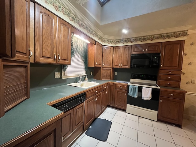 122 Savage Trl, East Stroudsburg, PA 18301 - kitchen with range with electric cooktop, black microwave, paneled dishwasher, light tile patterned flooring, and crown molding