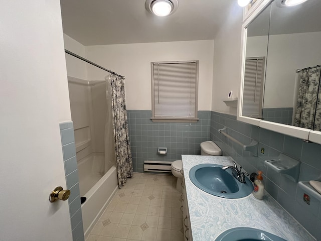 122 Savage Trl, East Stroudsburg, PA 18301 - full bathroom featuring tile patterned floors, baseboard heating, tile walls, a wainscoted wall, and shower / bathtub combination with curtain