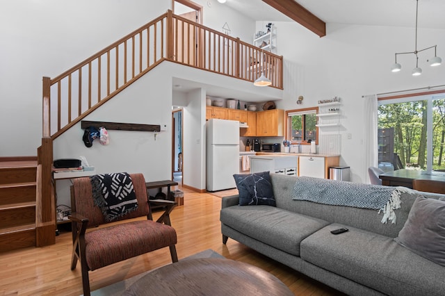 130 Ruffed Grouse Rd, Bushkill, PA 18324 - living room with beam ceiling, stairway, high vaulted ceiling, and light wood finished floors