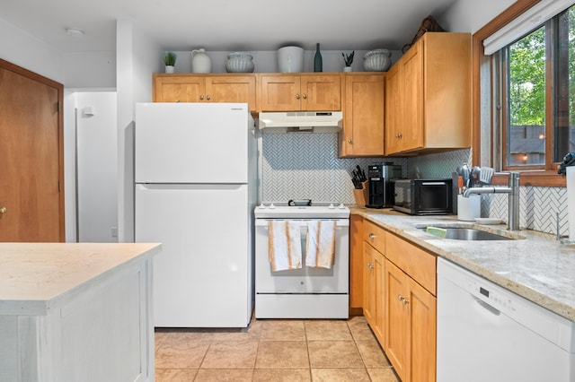 130 Ruffed Grouse Rd, Bushkill, PA 18324 - kitchen featuring white appliances, premium range hood, tasteful backsplash, light stone counters, and light tile patterned floors