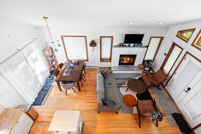 130 Ruffed Grouse Rd, Bushkill, PA 18324 - living room with light wood finished floors, a fireplace, baseboard heating, and vaulted ceiling