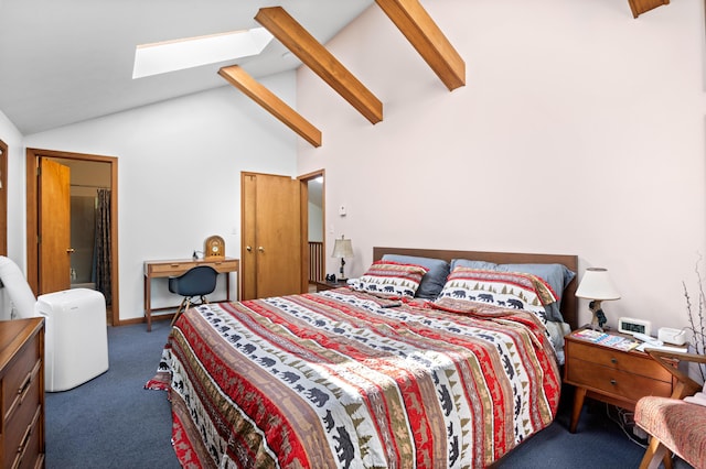 130 Ruffed Grouse Rd, Bushkill, PA 18324 - bedroom with a skylight, carpet floors, beamed ceiling, and high vaulted ceiling