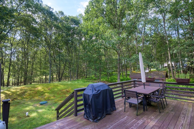 130 Ruffed Grouse Rd, Bushkill, PA 18324 - wooden deck with outdoor dining space, area for grilling, and a yard