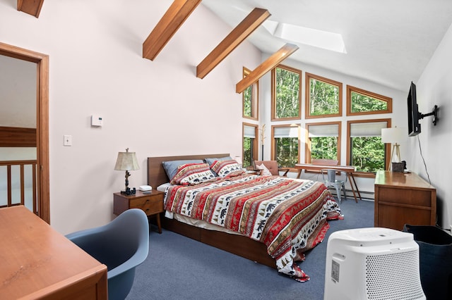 130 Ruffed Grouse Rd, Bushkill, PA 18324 - carpeted bedroom with high vaulted ceiling, a skylight, and baseboard heating