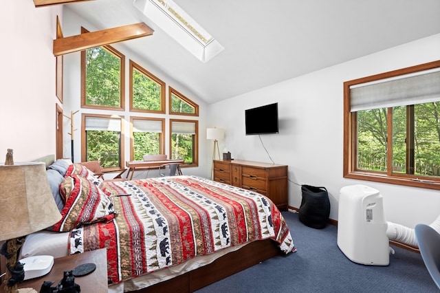 130 Ruffed Grouse Rd, Bushkill, PA 18324 - carpeted bedroom featuring a skylight, high vaulted ceiling, and beamed ceiling