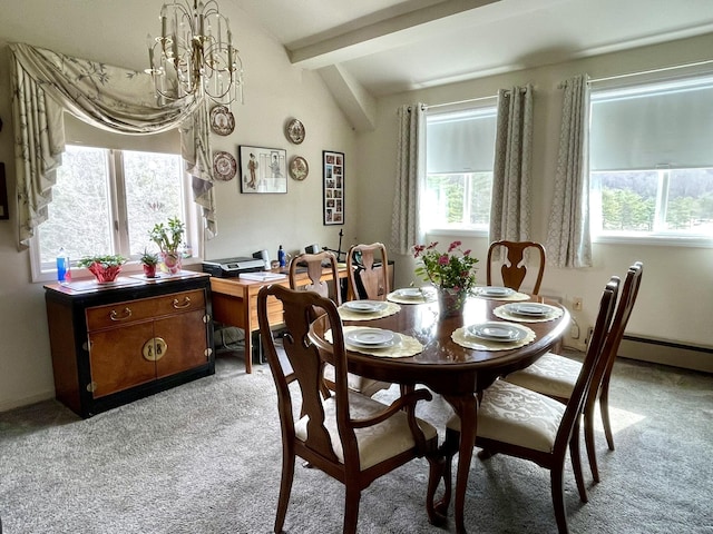 dining area with a chandelier, beamed ceiling, and light colored carpet