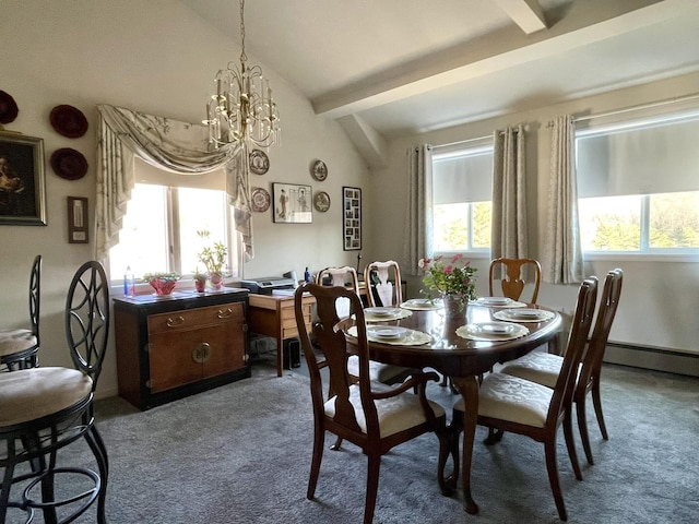 carpeted dining room with a wealth of natural light, a chandelier, vaulted ceiling with beams, and a baseboard radiator