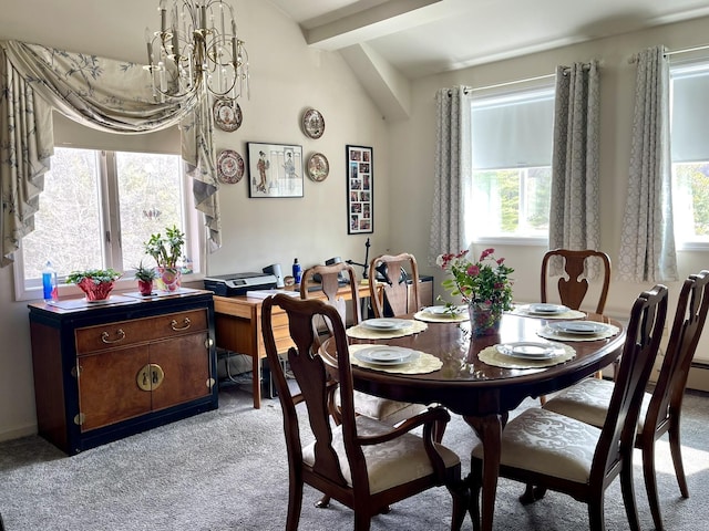 dining space with a notable chandelier, carpet, and beamed ceiling