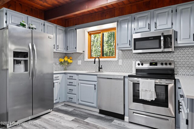 kitchen with sink, light hardwood / wood-style flooring, appliances with stainless steel finishes, beam ceiling, and backsplash