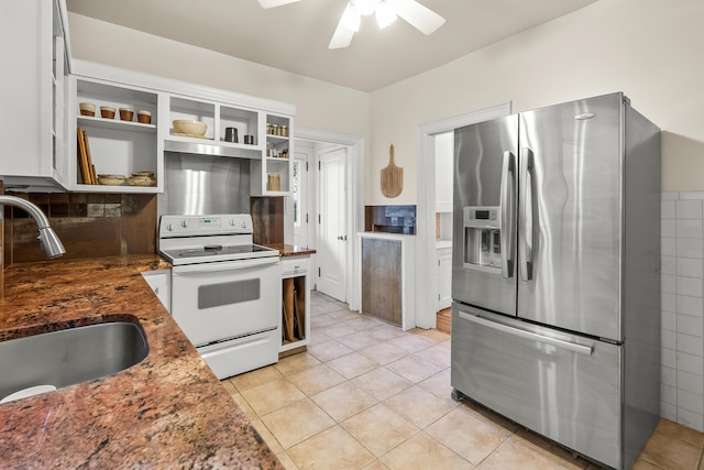 kitchen with white electric range oven, ceiling fan, open shelves, a sink, and stainless steel fridge with ice dispenser