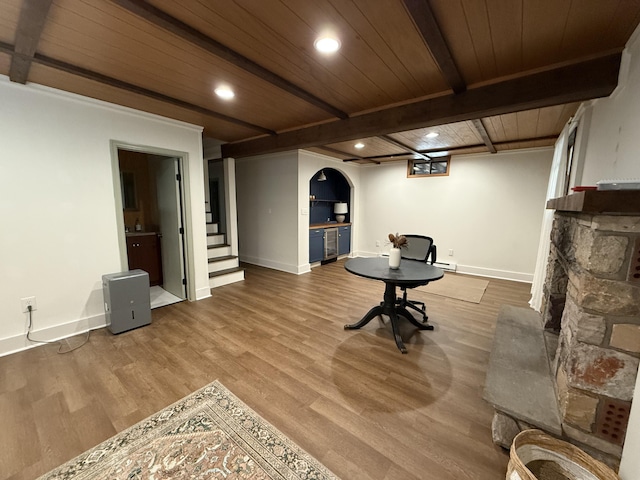 1827 Stag Run, Pocono Lake, PA 18347 - living area with a wood ceiling with exposed beams, wood finished floors, recessed lighting, stairs, and beverage cooler