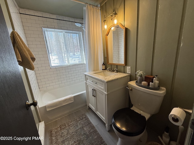 1827 Stag Run, Pocono Lake, PA 18347 - bathroom featuring vanity, shower / tub combo with curtain, and wood finished floors