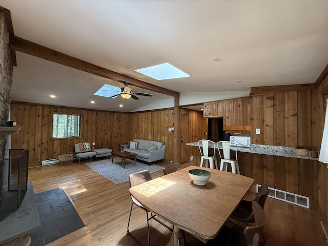 1827 Stag Run, Pocono Lake, PA 18347 - dining room with a skylight, light wood-type flooring, wooden walls, a ceiling fan, and a baseboard radiator