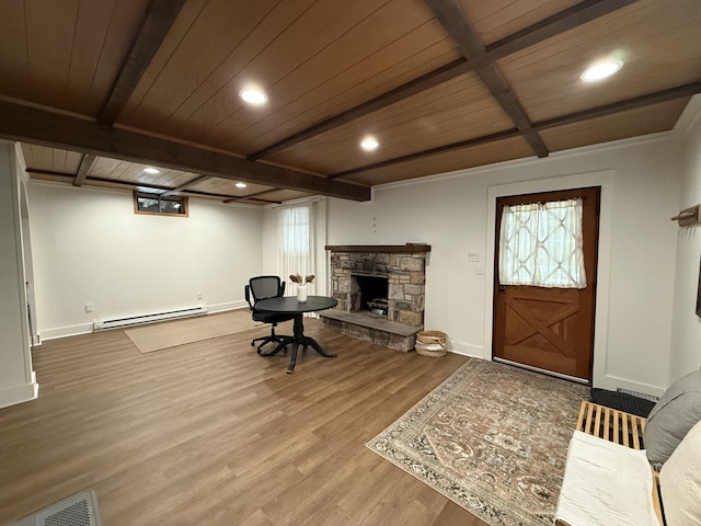 1827 Stag Run, Pocono Lake, PA 18347 - living area featuring baseboard heating, a wood ceiling with exposed beams, recessed lighting, wood finished floors, and a fireplace