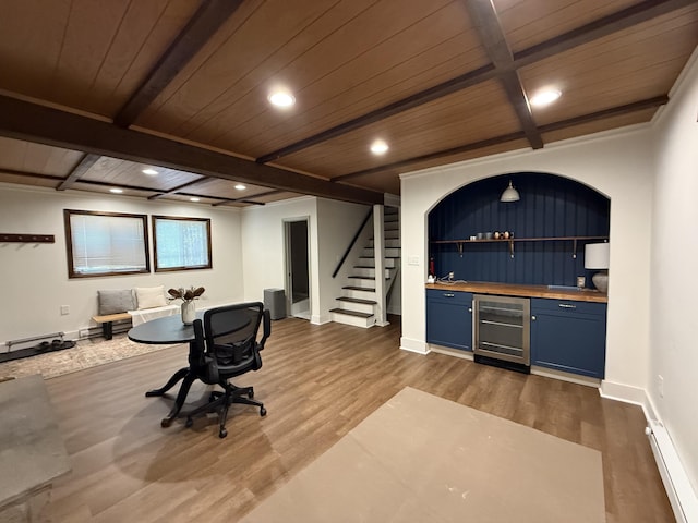 1827 Stag Run, Pocono Lake, PA 18347 - indoor bar featuring beverage cooler, a wood ceiling with exposed beams, wood finished floors, stairway, and recessed lighting