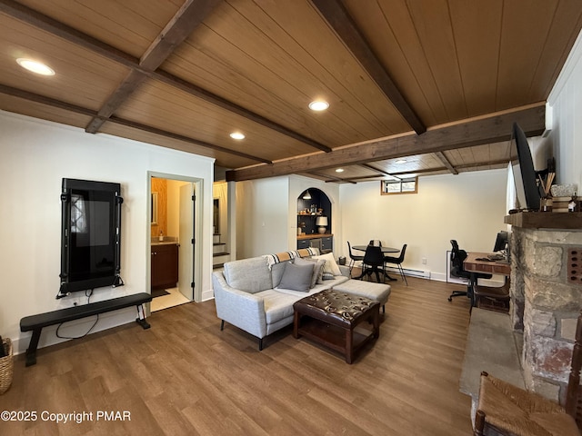 1827 Stag Run, Pocono Lake, PA 18347 - living room featuring stairs, beam ceiling, wood ceiling, and wood finished floors