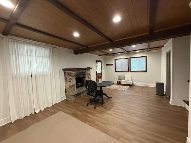 1827 Stag Run, Pocono Lake, PA 18347 - office space featuring a wooden ceiling with exposed beams, wood finished floors, recessed lighting, and a fireplace