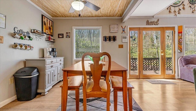 dining room with light wood-style flooring, a healthy amount of sunlight, and wooden ceiling