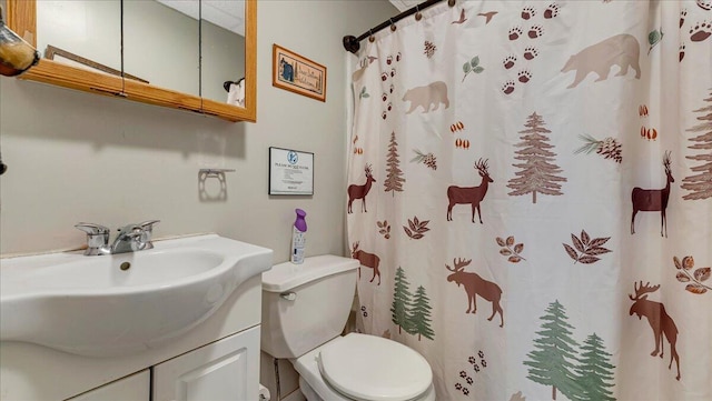 full bath with vanity, toilet, and a shower with curtain