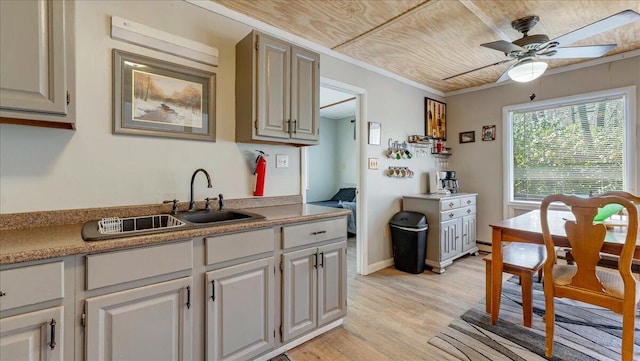 kitchen with wood ceiling, a ceiling fan, a sink, light countertops, and light wood-style flooring
