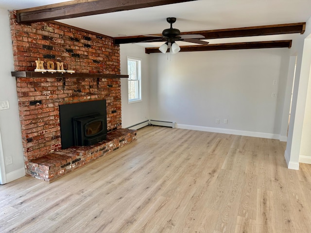 unfurnished living room with beam ceiling, a wood stove, baseboards, and wood finished floors