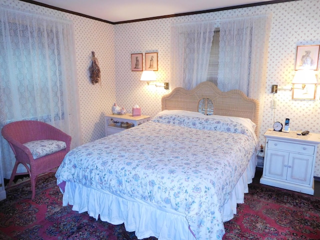 5142 Pine Tree Ln, Pocono Summit, PA 18346 - carpeted bedroom with ornamental molding and wallpapered walls