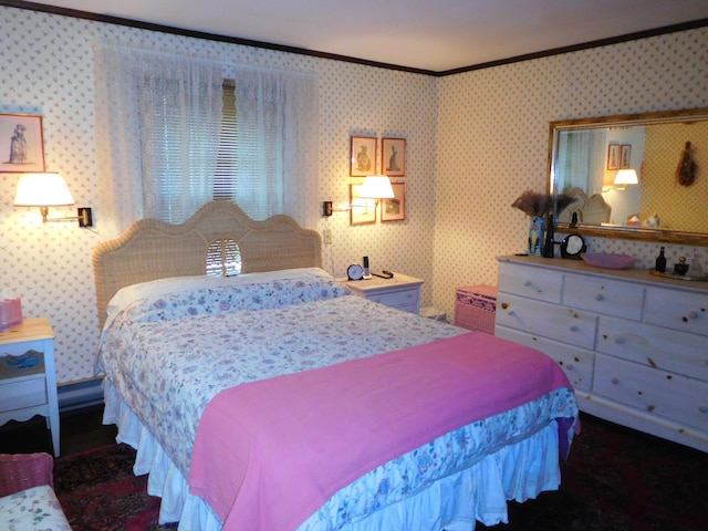 bedroom featuring ornamental molding and wallpapered walls