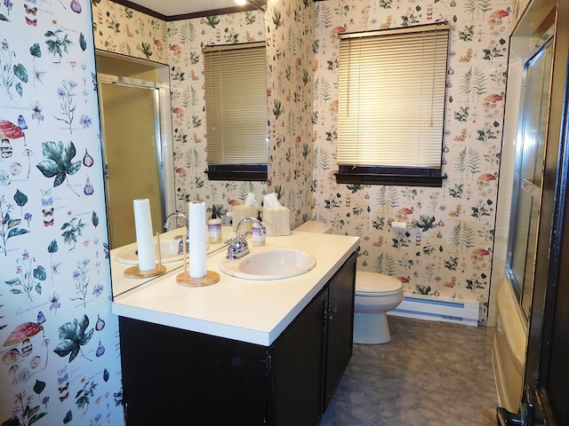 full bath featuring vanity, a baseboard radiator, toilet, a shower with door, and wallpapered walls