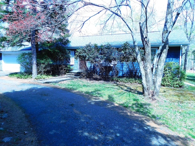 view of property hidden behind natural elements featuring roof with shingles