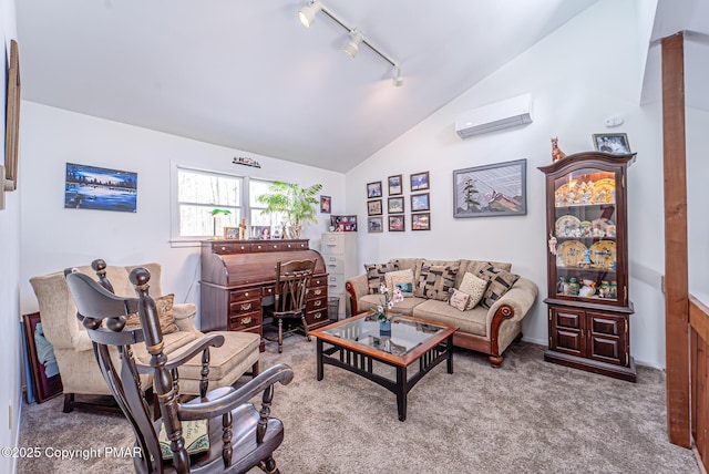 carpeted living area featuring lofted ceiling, rail lighting, and a wall mounted AC