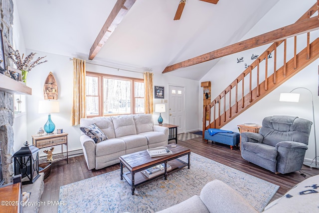 living room with stairway, a ceiling fan, wood finished floors, high vaulted ceiling, and beam ceiling