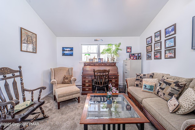 living room with lofted ceiling and carpet