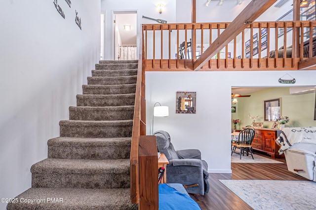 staircase featuring a ceiling fan and wood finished floors