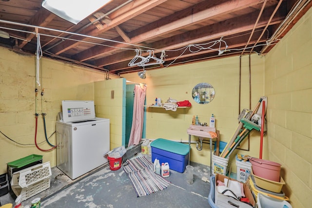 60 Maple Dr, Palmerton, PA 18071 - unfinished basement with refrigerator, concrete block wall, and washer / dryer