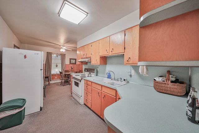 60 Maple Dr, Palmerton, PA 18071 - kitchen with white appliances, light countertops, ceiling fan, light carpet, and under cabinet range hood