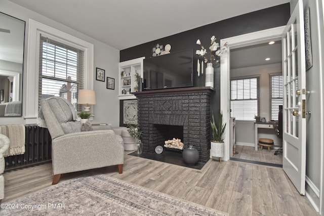 living room with a healthy amount of sunlight, a fireplace, and wood finished floors